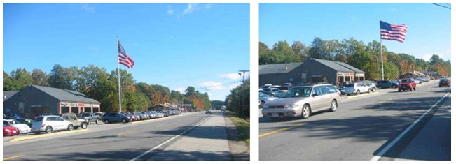 Two photos from different angles showing a number of entrances into one business along a busy highway.